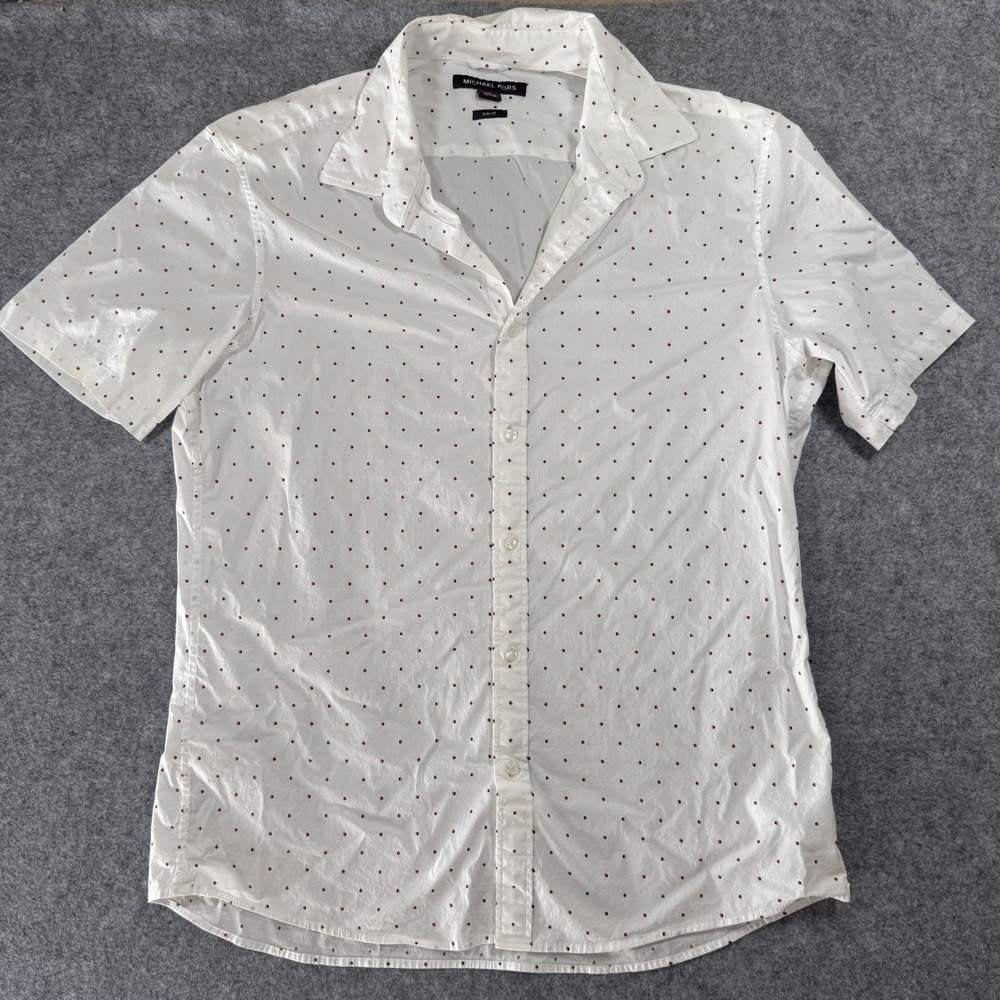 Michael Kors Slim Fit Button Down Large White Polka Dot Short Sleeve Cotton